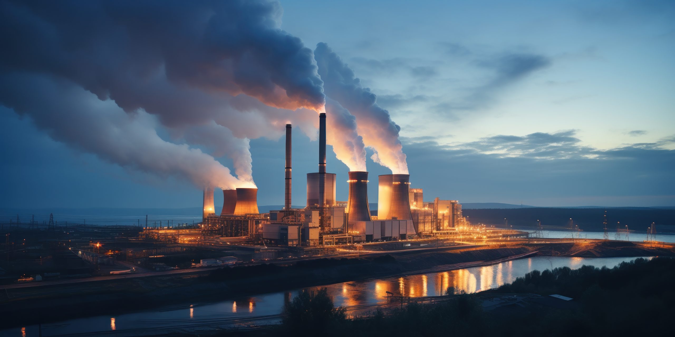 Energy power plant at dusk, industrial silhouette.